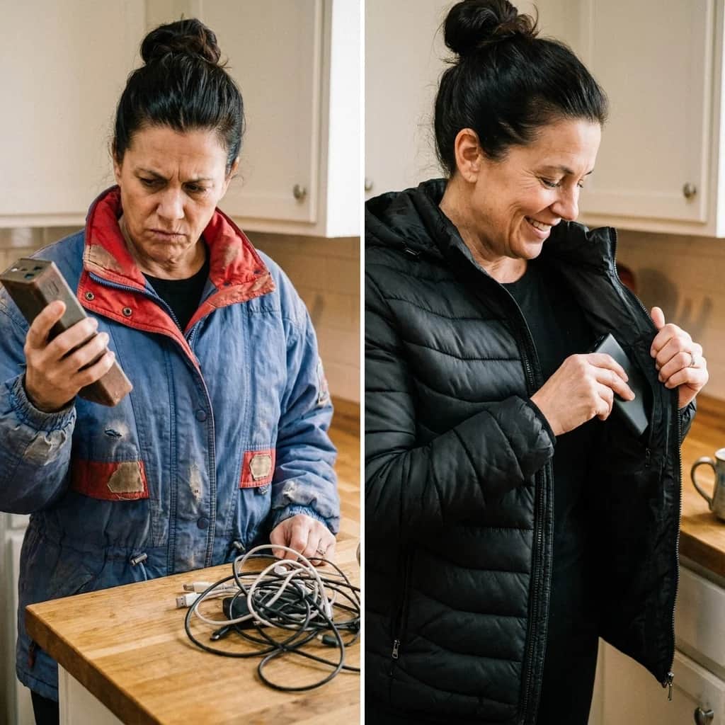 Geen dure accu nodig. Je jas werkt op de powerbank van je telefoon.